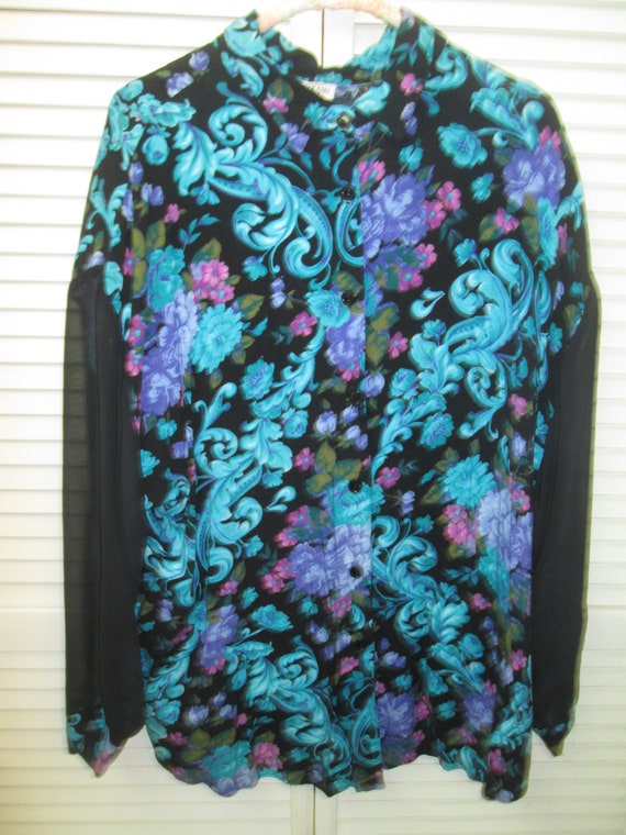 Vintage Size 20 Rayon Black Turquoise Floral Long Sheer Chiffon Sleeve  Blouse. Capistrano Label, Made in USA. - Etsy