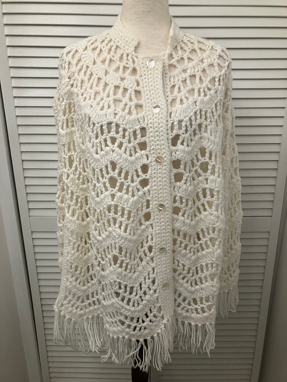 Hand crochet loose buttoned long fringed shawl  pe