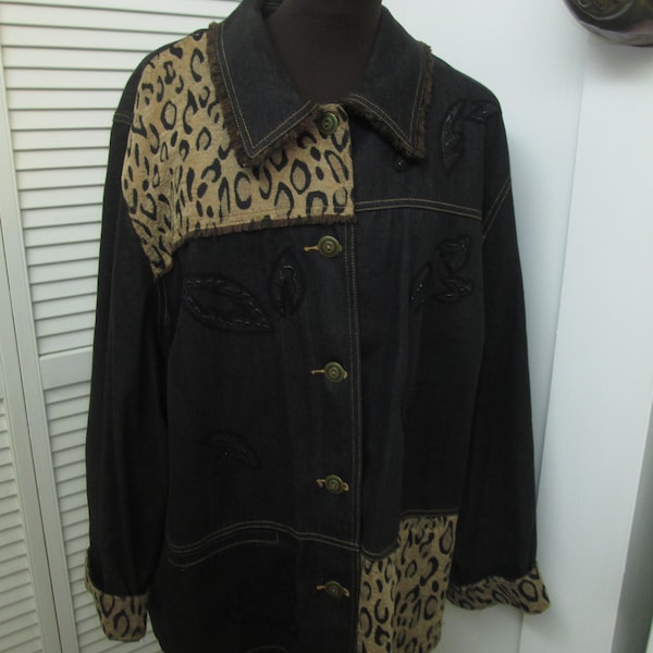 Koret Woman black cotton lightweight denim with animal print trim, fringed collar and small shiny black embroidery pattern jacket Plus size