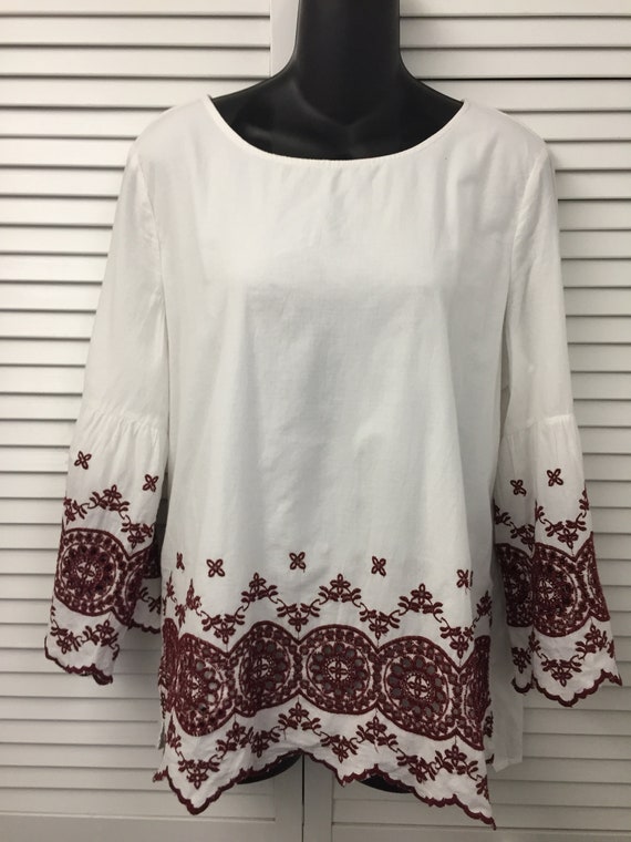 White cotton blouse w/ deep red wine embroidery on