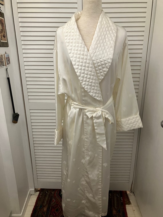 Vintage cream white long robe quilted collar and … - image 10