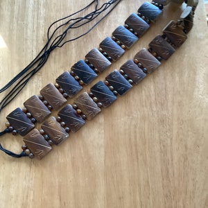 Brown carved wood belt with beads long rayon beaded tie belt