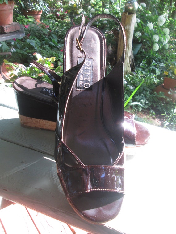 Deep rich chocolate brown patent leather wedge san