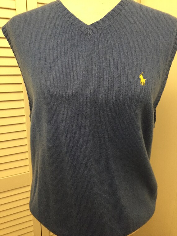 Ralph Lauren Medium Blue Lambswool Sweater Vest Polo Logo on Right Chest Unisex Preppy Vest
