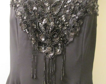 HW Collections vintage made in the USA formal prom black jet bead front short crimped ruffled swing hem black dress Size 12 Poly chiffon