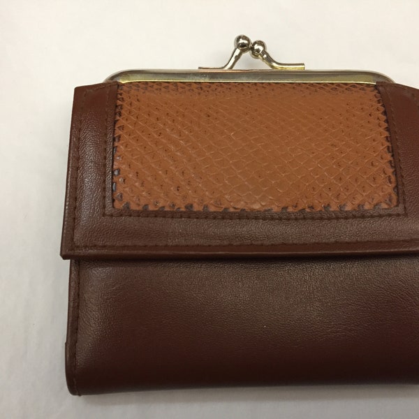 Vintage never used women's trifold wallet snap front coin purse Avon label  medium brown leather with lighter snakeskin front Avon Hong Kong
