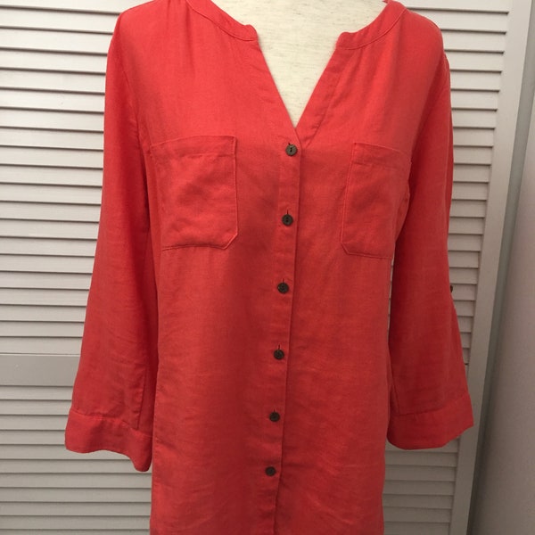 Linen front cotton knit back blouse in soft melony orange long sleeve w/ roll up tabs and button front close Unique ctn linen summer blouse