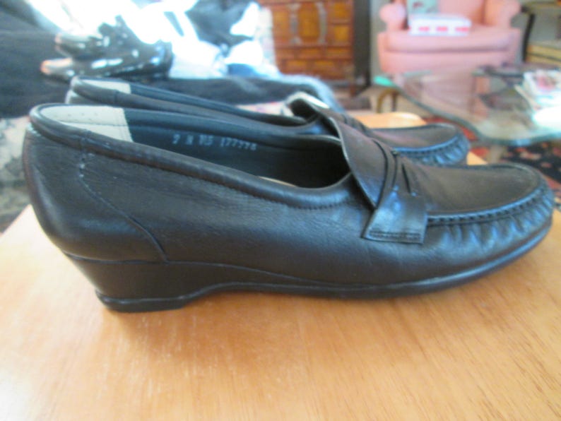 Vintage SAS san Antonio Shoes Black Low Wedge Leather Loafer - Etsy UK