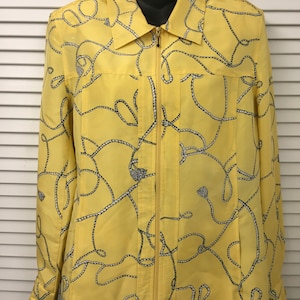 Vtg yellow silk zip up jacket Patchington label Black jewel chain pattern on yellow Fun lightweight silk jeans to evening jacket Generous M