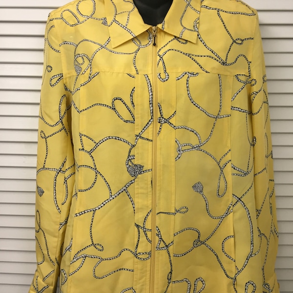 Vtg yellow silk zip up jacket Patchington label Black jewel chain pattern on yellow Fun lightweight silk jeans to evening jacket Generous M