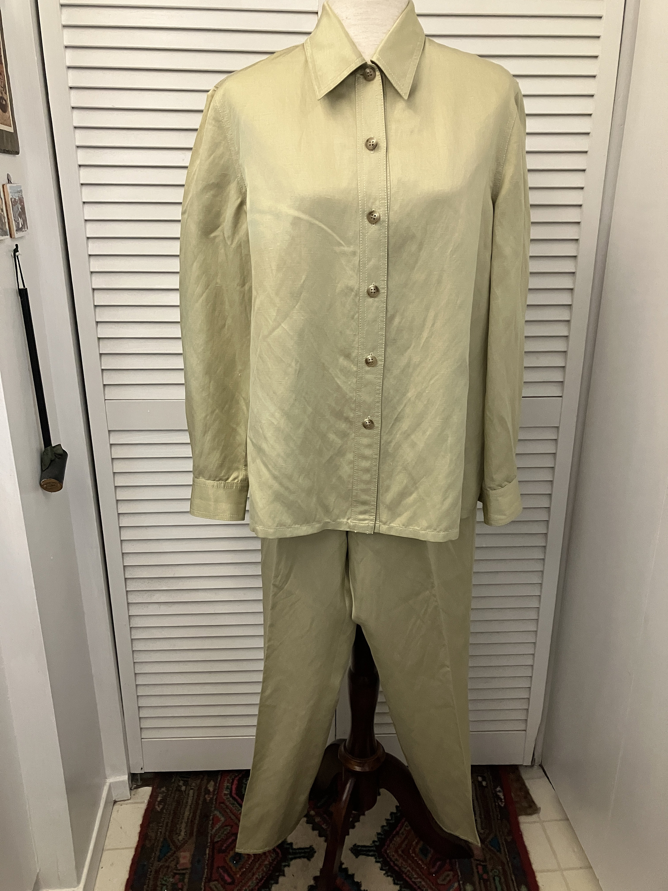 Italiaanse ontwerper Emmanuel Ungaro Liberte linnen zijden broek & blouse licht limoengroen dressy tot casual effen kleur high end 2 pc broekpak SM