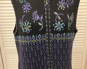 Heavy cotton ramie colorful front zippered vest Black w/ abstract purple and green pattern  Size L Norm Thompson label versatile warm vest