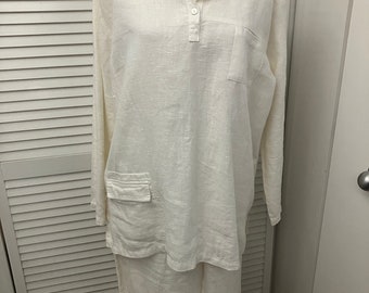 Vintage witte losse linnen top met lange mouwen en pull-on mid-kalf broek XL top L broek Fenini Sport coole zomer linnen broek set Vakantie reizen