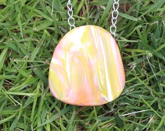 Wearable art pendant, light, bold, colourful. contemporary; marbled green, peach, and white necklace in polymer clay with steel chain