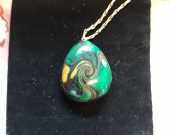 Wearable art pendant, light, bold, colourful, contemporary; marbled green faux malachite necklace in polymer clay with golden chain