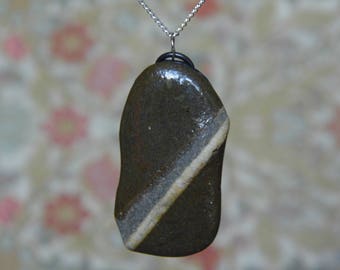 Striped slate pendant, Irish slate, FREE SHIPPING, grey, brown and cream natural stone pendant, boho pendant, found jewellery, gift for