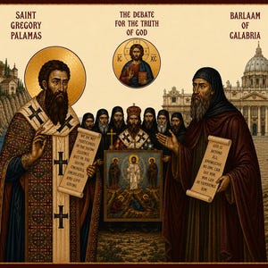 Könnte beinhalten: Eine religiöse Ikone, die den heiligen Gregor Palamas und Barlaam von Kalabrien darstellt. Gregor hält eine Schriftrolle mit dem Text 'We do not participate in the divine essence, but in the divine energies uncreated and life-giving.' Barlaam hält eine Schriftrolle mit 'God is beyond all knowledge. No one can see him, nor can he experience him.' Ein zentrales Medaillon zeigt Jesus Christus, und eine Gruppe von Figuren hält eine Ikone der Verklärung.