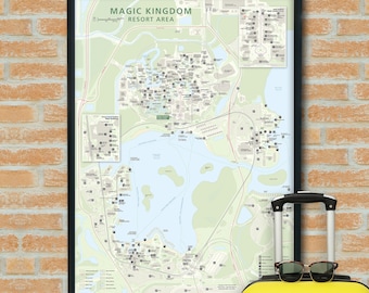Magic Kingdom Resort Map (National Park-style) with Points-of-Interest at Walt Disney World on Premium Luster Photo Paper Poster