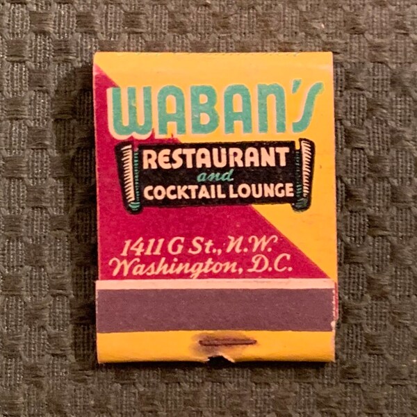 Vintage Matchbook, Wabans, Restaurant, Cocktail Lounge, Washington, DC, Front Strike, W/ 20 Match Sticks, FREE SHIP In UsA