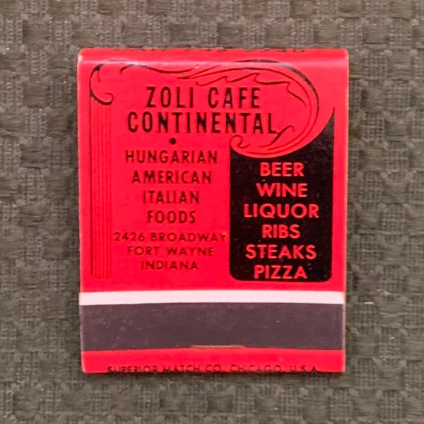 Vintage Matchbook, Zoli Continental, Restaurant, Fort Wayne, Indiana, Front Strike, W/ 20 Match Sticks, FREE SHIP In UsA