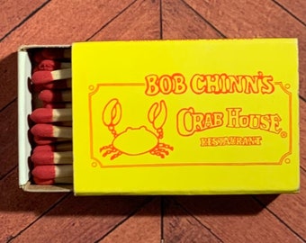Vintage Matchbook, Bob Chinns, Crab House, Restaurant, Wheeling Illinois, Matchbox, W/ Wooden Match Sticks, FREE SHIP In UsA