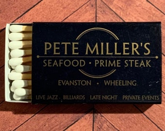 Vintage Matchbook, Pete Millers, Steakhouse, Evanston, Wheeling, Illinois, Matchbox, W/ Wooden Match Sticks, FREE SHIP In UsA