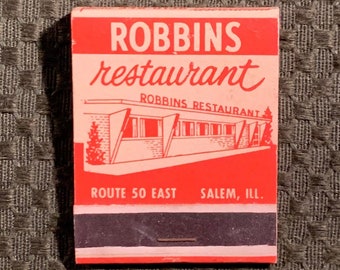 Vintage Matchbook, Robbins Restaurant, Salem, Illinois, Front Strike, W/ 20 Match Sticks, FREE SHIP In UsA