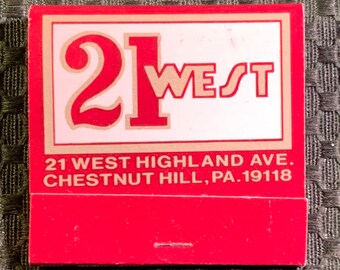 Vintage Matchbook, 21 West, Restaurant, Chestnut Hill, Pennsylvania, Mary Fretz, W/ 30 Match Sticks, FREE SHIP In UsA