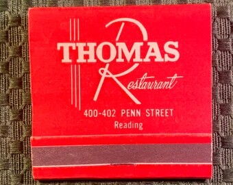 Vintage Matchbook, Thomas Restaurant, Penn Street, Reading, Pennsylvania, Front Strike, W/ All 28 Match Sticks, FREE SHIP In UsA