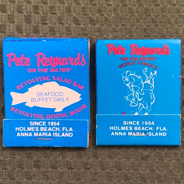 Vintage Matchbooks, Pete Reynards, On The Water, Restaurant, Revolving Salad Bar, Florida, Lot Of 2, W/ All Match Sticks, FREE SHIP In UsA