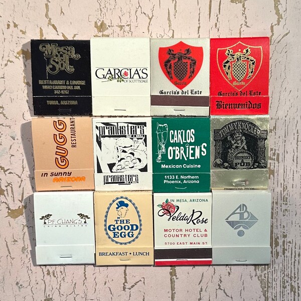 Vintage Matchbooks, Arizona, Carlos O Briens, Garcias, Mesa Del Sol, Restaurant, Lot Of 12, W/ All Match Sticks, FREE SHIP In UsA