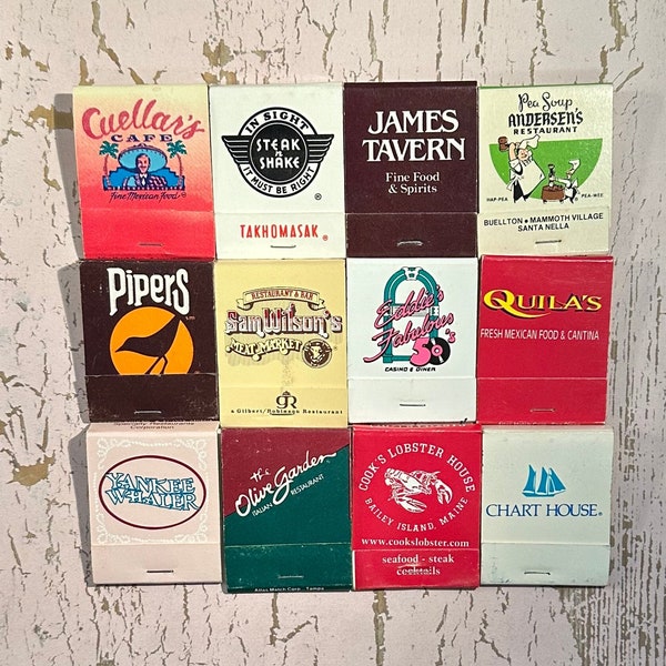 Vintage Matchbooks, Chart House, Olive Garden, Andersens Pea Soup, Restaurant, Lot Of 12, W/ All Match Sticks, FREE SHIP In UsA