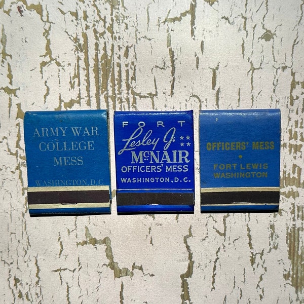 Vintage Matchbooks, US Army, Army War College, McNair Army Base, Front Strike, 1940s, Lot of 3 , W/ All Match Sticks, FREE SHIP In UsA