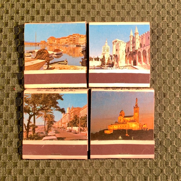 Vintage Matchbooks, French Landscapes, Marseille, Notre Dame, Palais Avignon, Cannes, Nice, Lot Of 4, FREE SHIP In UsA