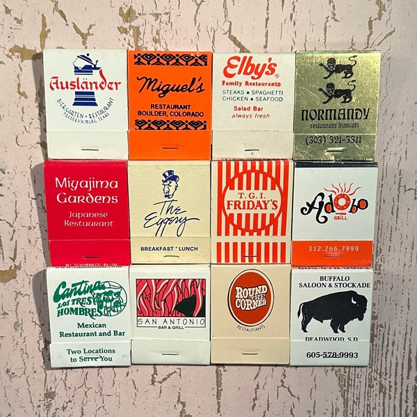 Vintage Matchbooks, Auslander, Japanese, Mexican, Texas, Arizona, South Dakota, Restaurant, Lot Of 12, W/ All Match Sticks, FREE SHIP In UsA