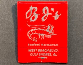 Vintage Matchbook, BJs Seafood, Restaurant, Gulf Shores, Alabama, W/ 20 Match Sticks, FREE SHIP In UsA