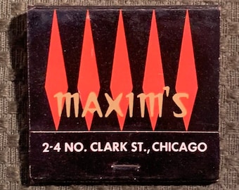 Vintage Matchbook, Maxims, Restaurant, Chicago, Illinois, Clark Street, W/ 30 Match Sticks, FREE SHIP In UsA