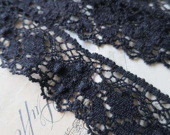 Black English Nottingham Cluny Lace- Diamond & Raised Spots Torchon Guipure - 4.3 cm