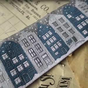Christmas Houses 40 mm Jacquard Woven Ribbon- Grey Teal & White