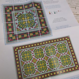 Puede incluir: Un patrón impreso para un motivo de baldosa de cemento. El patrón es un diseño repetitivo de cuadrados y triángulos en tonos de rojo, verde, amarillo y azul. El texto en la página dice "Motifs Carreaux Ciment - Modèle Lagorce - Cement Tile Motifs - Lagorce Model".