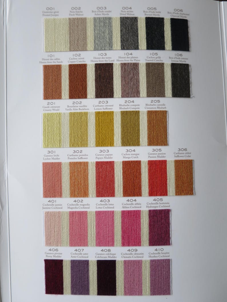 May include: A color chart of embroidery floss with numbered swatches. The colors range from white to black, with shades of brown, orange, red, pink, and purple. The chart is labeled with the color names and numbers.