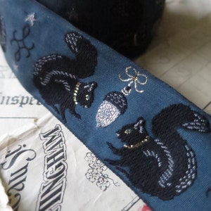 Squirrels & Silver Acorns- 32 mm Jacquard Woven Ribbon- Teal