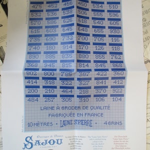 May include: A blue and white chart with the text "Laine St Pierre" and numbers. The chart is labeled "Laine &agrave; broder de qualit&eacute;" and "Fabriqu&eacute;e en France".