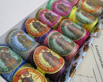 Sajou Box 12 Fil au Chinois Calais Lace Making Thread Cocoons- Assortment No.6- Bright Varigated Tones