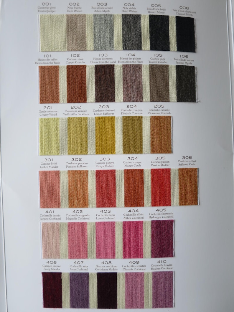 May include: A color chart with 6 rows of 6 small yarn samples, each labeled with a number and a name. The colors range from white to dark brown, with shades of yellow, orange, red, pink, and purple.