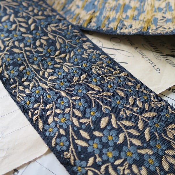 Forget-me-nots 50 mm Jacquard Woven Ribbon- Teal & Gold