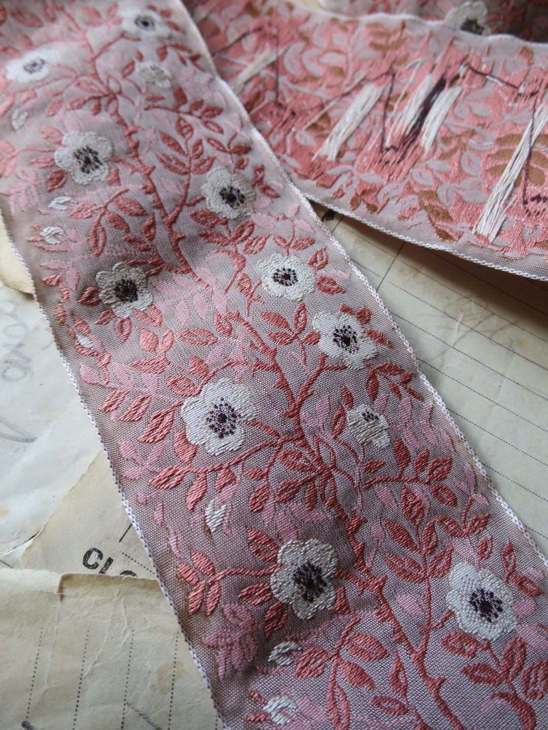 Jacobean Roses 60 Mm Jacquard Woven Ribbon- Pink & Taupe - Etsy