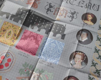 Könnte beinhalten: Ein schwarz-weißes Kreuzstichmuster mit einem Schloss und dem Text "Henonseau" und "Sées et Patrimoine" oben. Das Muster enthält die Namen verschiedener Räume und die Namen historischer Persönlichkeiten, darunter "Diane de Poitiers", "Catherine de Medici" und "Louise de Lorraine".