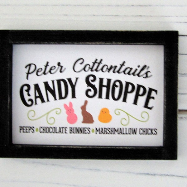 Peter Cottontail's Candy Shop Miniature Sign, Easter Decor, Miniature Tiered Tray Sign, Easter Decor, Marshmallow Peeps, Peter Cottontail