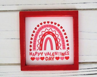 Valentine's Day Sign, Tiered Tray Sign, Mini Valentine's Framed Sign, Rainbow, Hearts, Happy Valentine's Day, February 14, Miniature Decor